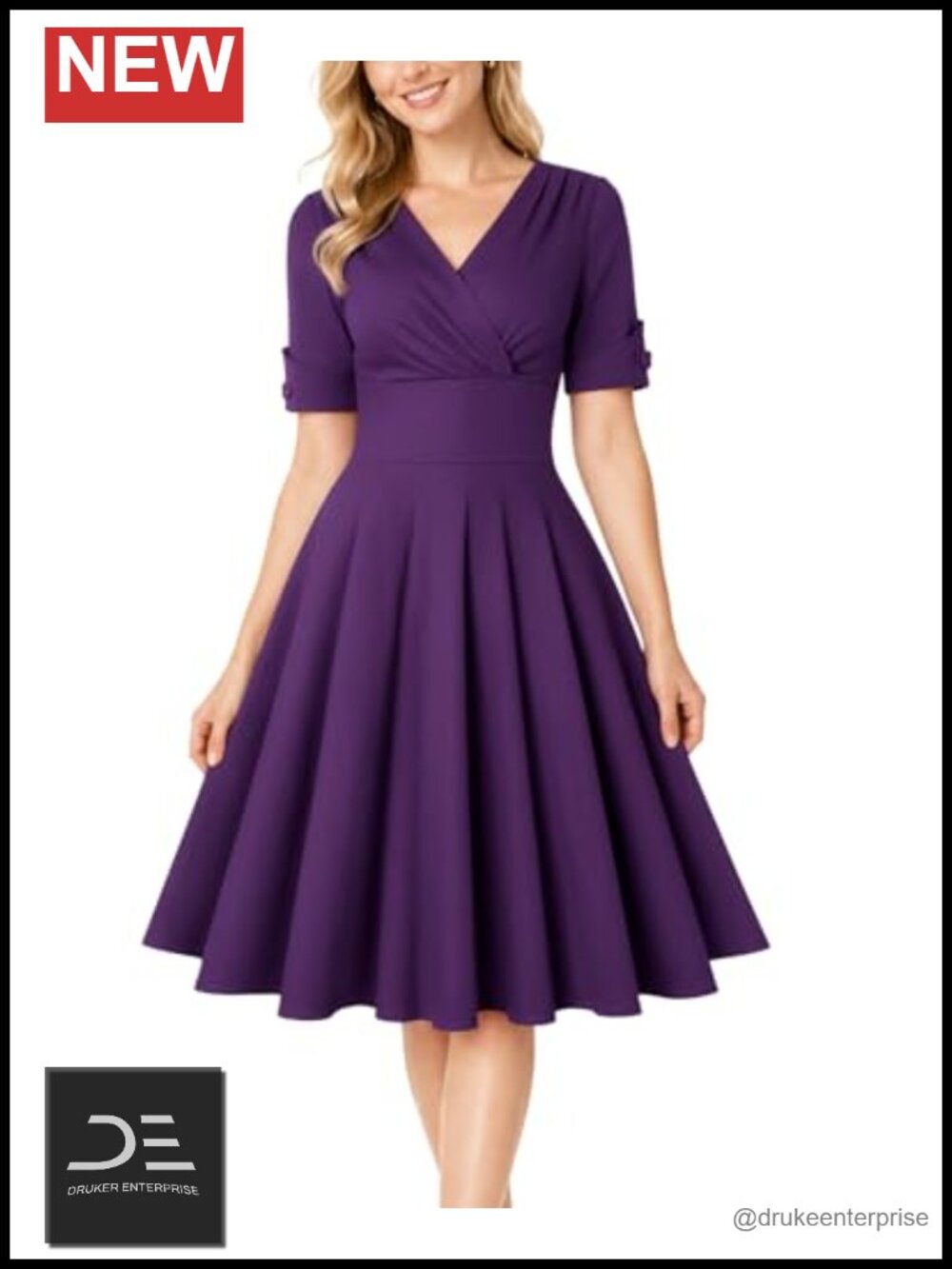Vintage 1950s Wrap V Neck Half Sleeve Retro Cocktail Swing Dress A-line